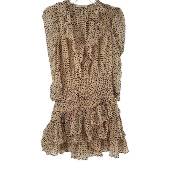 Ulla Johnson Dress Cecily Leopard Dot Mini Ruched Ruffle Silk Size 0 Metallic